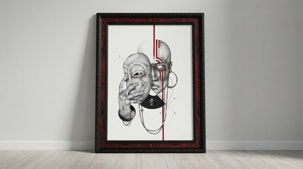 Obra enmarcada de Mikimando con detalles en negro y rojo