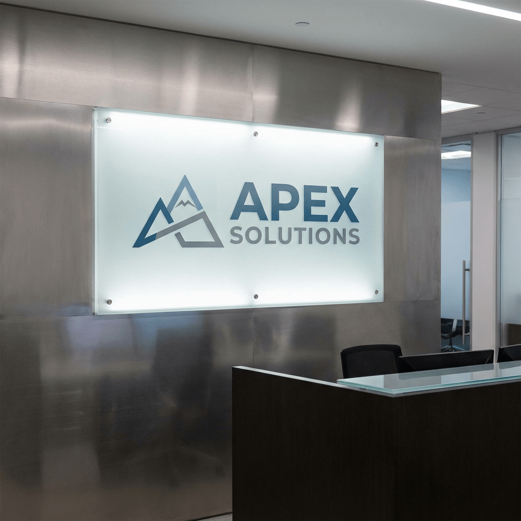 Identidad visual Apex Solutions en espacio corporativo